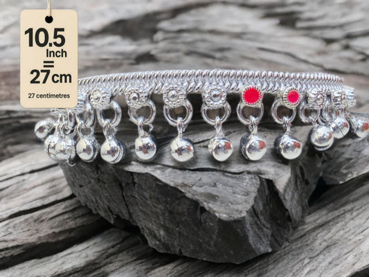 traditional German silver anklet with ghungroo dangling beads & colored stone accents (red & green)- Silver plated 2-Piece Set-10.5 Inc