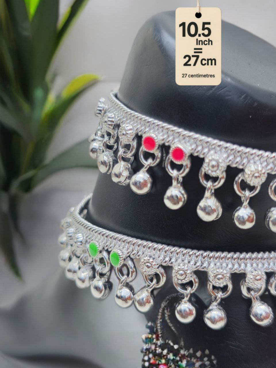 traditional German silver anklet with ghungroo dangling beads & colored stone accents (red & green)- Silver plated 2-Piece Set-10.5 Inc