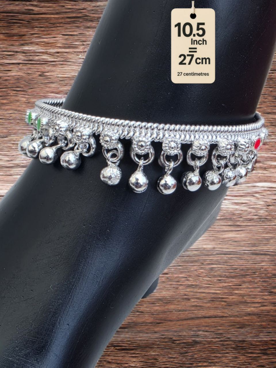 traditional German silver anklet with ghungroo dangling beads & colored stone accents (red & green)- Silver plated 2-Piece Set-10.5 Inc