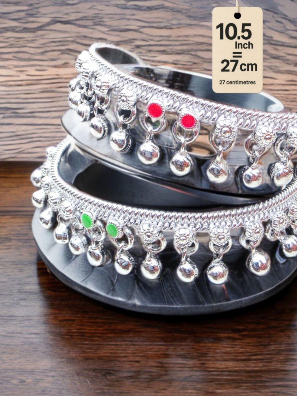 traditional German silver anklet with ghungroo dangling beads & colored stone accents (red & green)- Silver plated 2-Piece Set-10.5 Inc