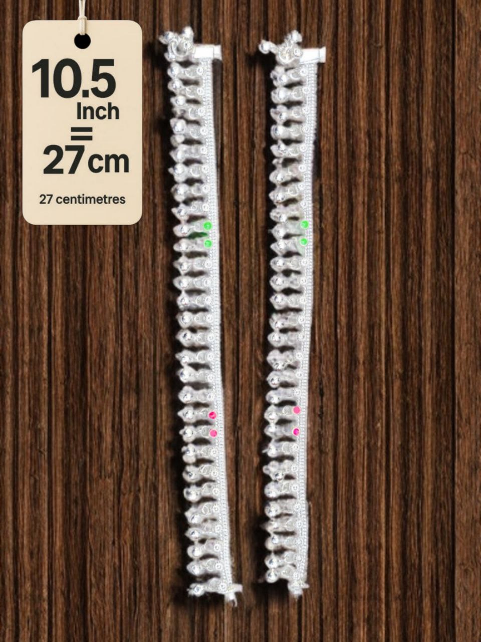 traditional German silver anklet with ghungroo dangling beads & colored stone accents (red & green)- Silver plated 2-Piece Set-10.5 Inc