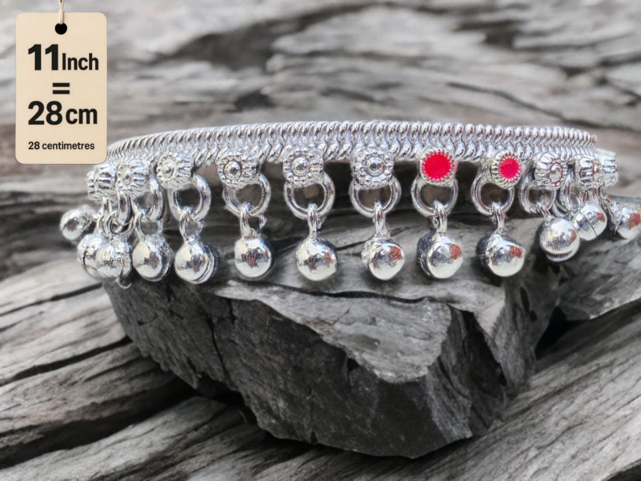 traditional German silver anklet with ghungroo dangling beads & colored stone accents (red & green)- Silver plated 2-Piece Set-11 Inc