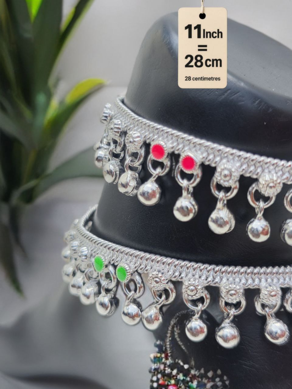 traditional German silver anklet with ghungroo dangling beads & colored stone accents (red & green)- Silver plated 2-Piece Set-11 Inc
