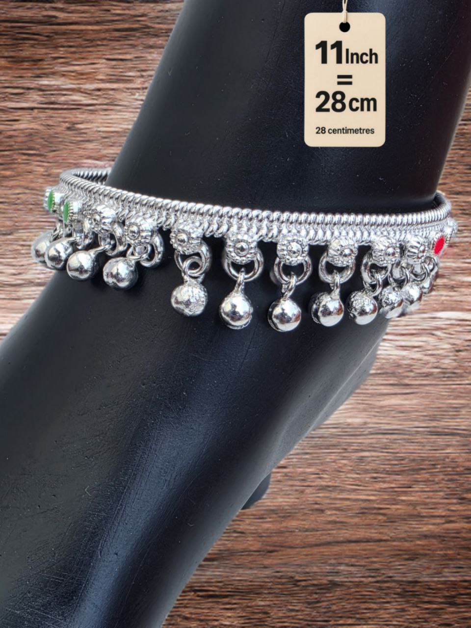 traditional German silver anklet with ghungroo dangling beads & colored stone accents (red & green)- Silver plated 2-Piece Set-11 Inc