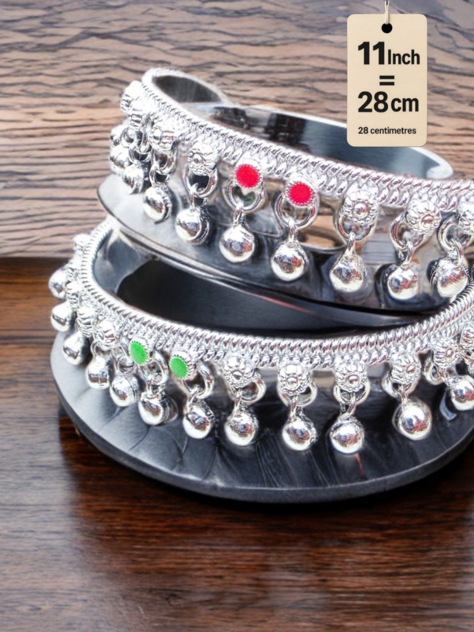 traditional German silver anklet with ghungroo dangling beads & colored stone accents (red & green)- Silver plated 2-Piece Set-11 Inc
