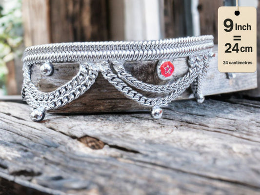 German Silver Anklet Layered chain pattern with hanging balls (ghungroo) and colored stone accents (red & purple)Silver plated  2-Piece Set-9 Inc