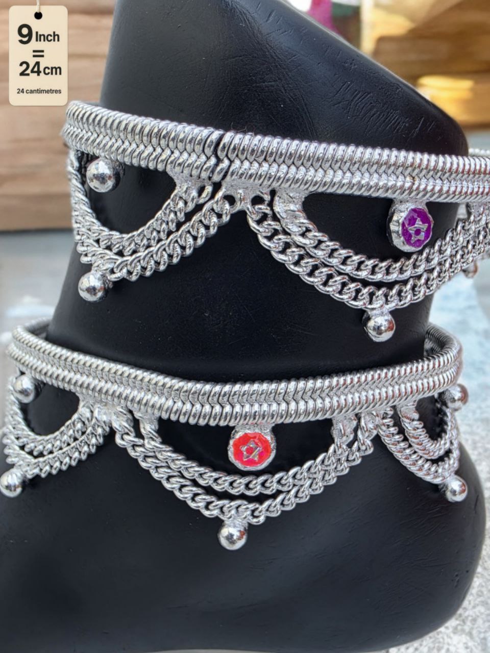 German Silver Anklet Layered chain pattern with hanging balls (ghungroo) and colored stone accents (red & purple)Silver plated  2-Piece Set-9 Inc