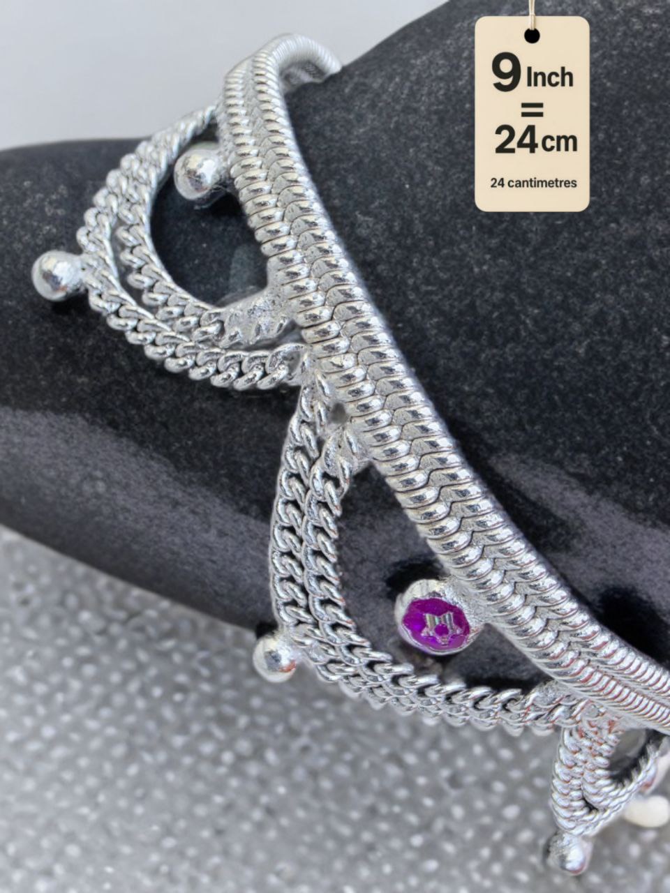 German Silver Anklet Layered chain pattern with hanging balls (ghungroo) and colored stone accents (red & purple)Silver plated  2-Piece Set-9 Inc