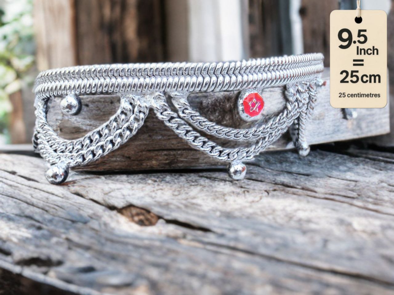 German Silver Anklet Layered chain pattern with hanging balls (ghungroo) and colored stone accents (red & purple)Silver plated  2-Piece Set-9.5Inc