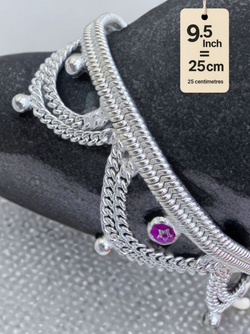 German Silver Anklet Layered chain pattern with hanging balls (ghungroo) and colored stone accents (red & purple)Silver plated  2-Piece Set-9.5Inc
