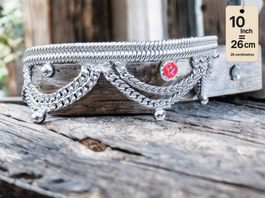 German Silver Anklet Layered chain pattern with hanging balls (ghungroo) and colored stone accents (red & purple)Silver plated  2-Piece Set-10Inc