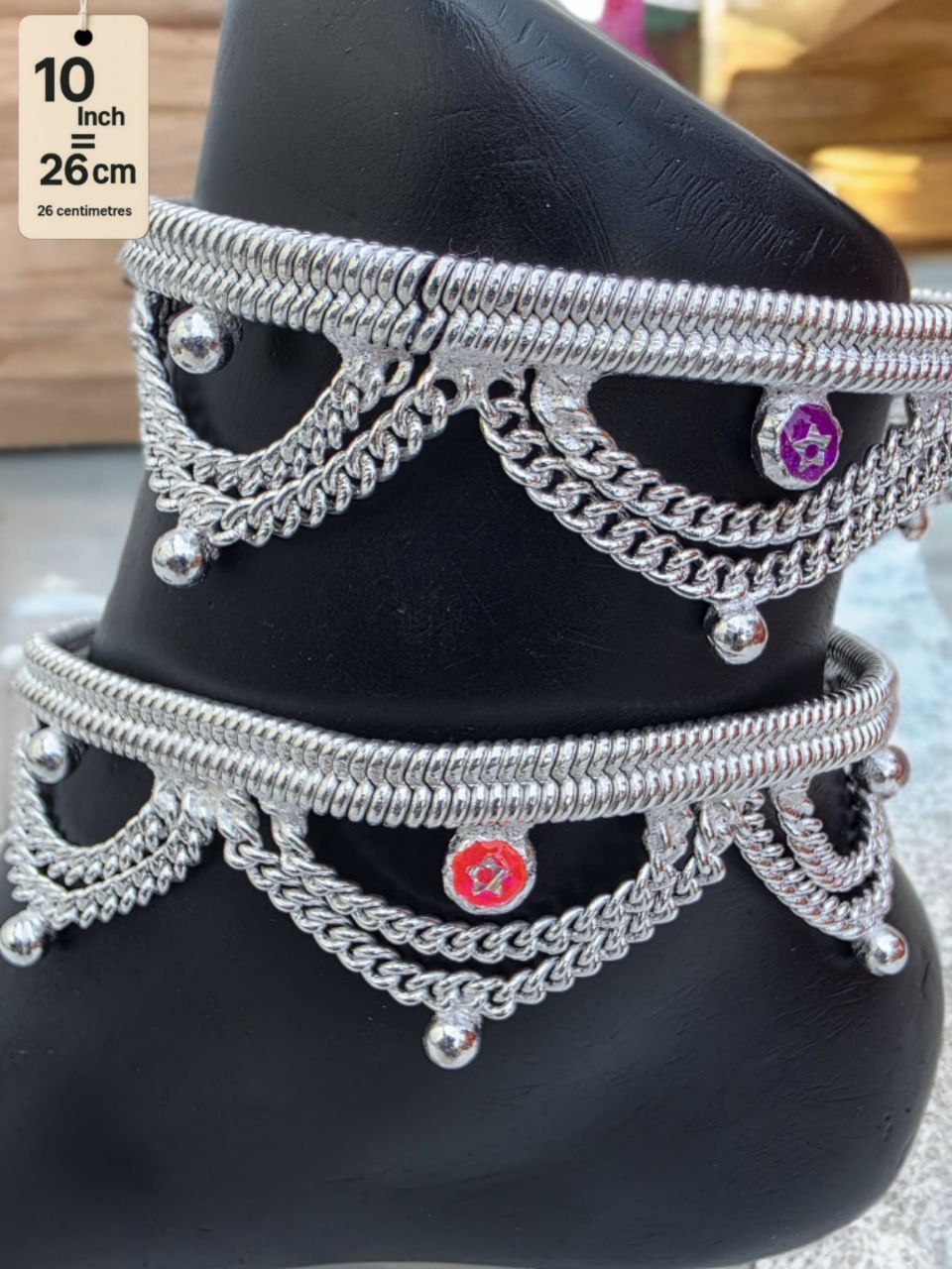 German Silver Anklet Layered chain pattern with hanging balls (ghungroo) and colored stone accents (red & purple)Silver plated  2-Piece Set-10Inc