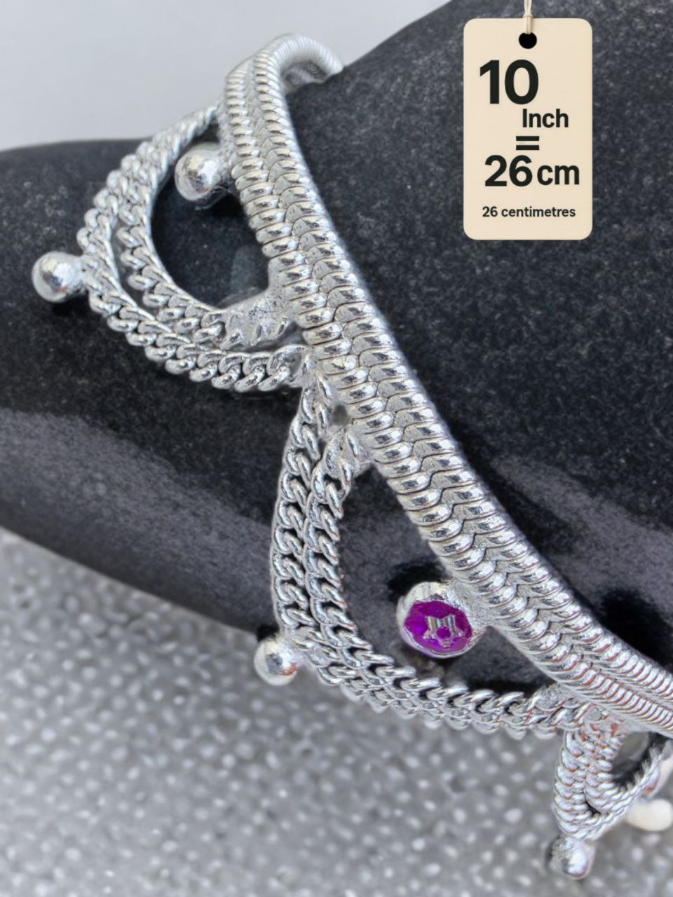 German Silver Anklet Layered chain pattern with hanging balls (ghungroo) and colored stone accents (red & purple)Silver plated  2-Piece Set-10Inc