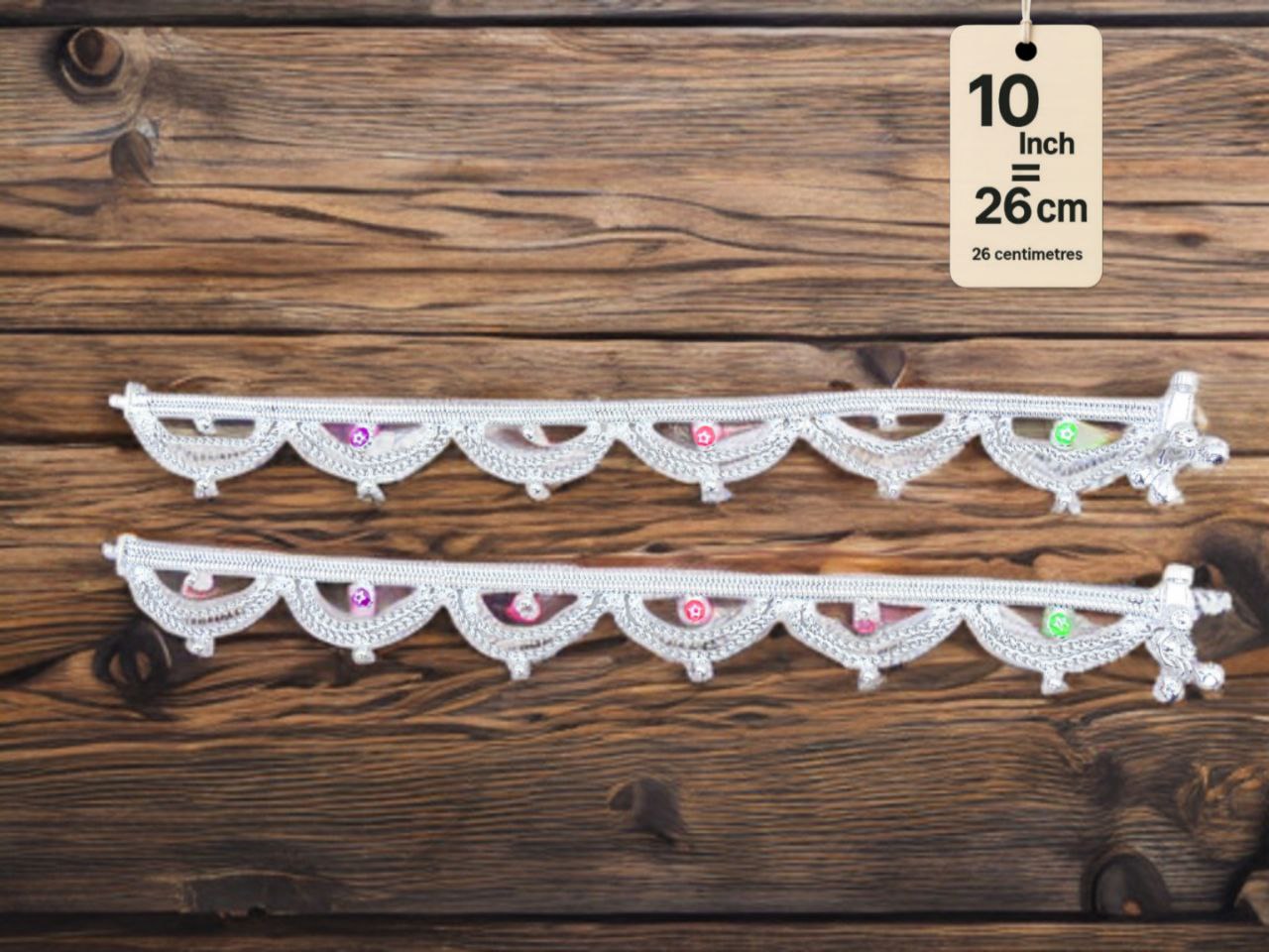 German Silver Anklet Layered chain pattern with hanging balls (ghungroo) and colored stone accents (red & purple)Silver plated  2-Piece Set-10Inc