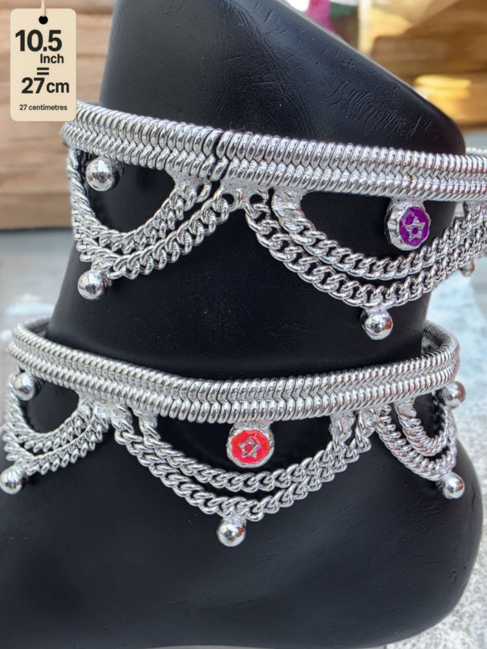 German Silver Anklet Layered chain pattern with hanging balls (ghungroo) and colored stone accents (red & purple)Silver plated  2-Piece Set-10.5Inc