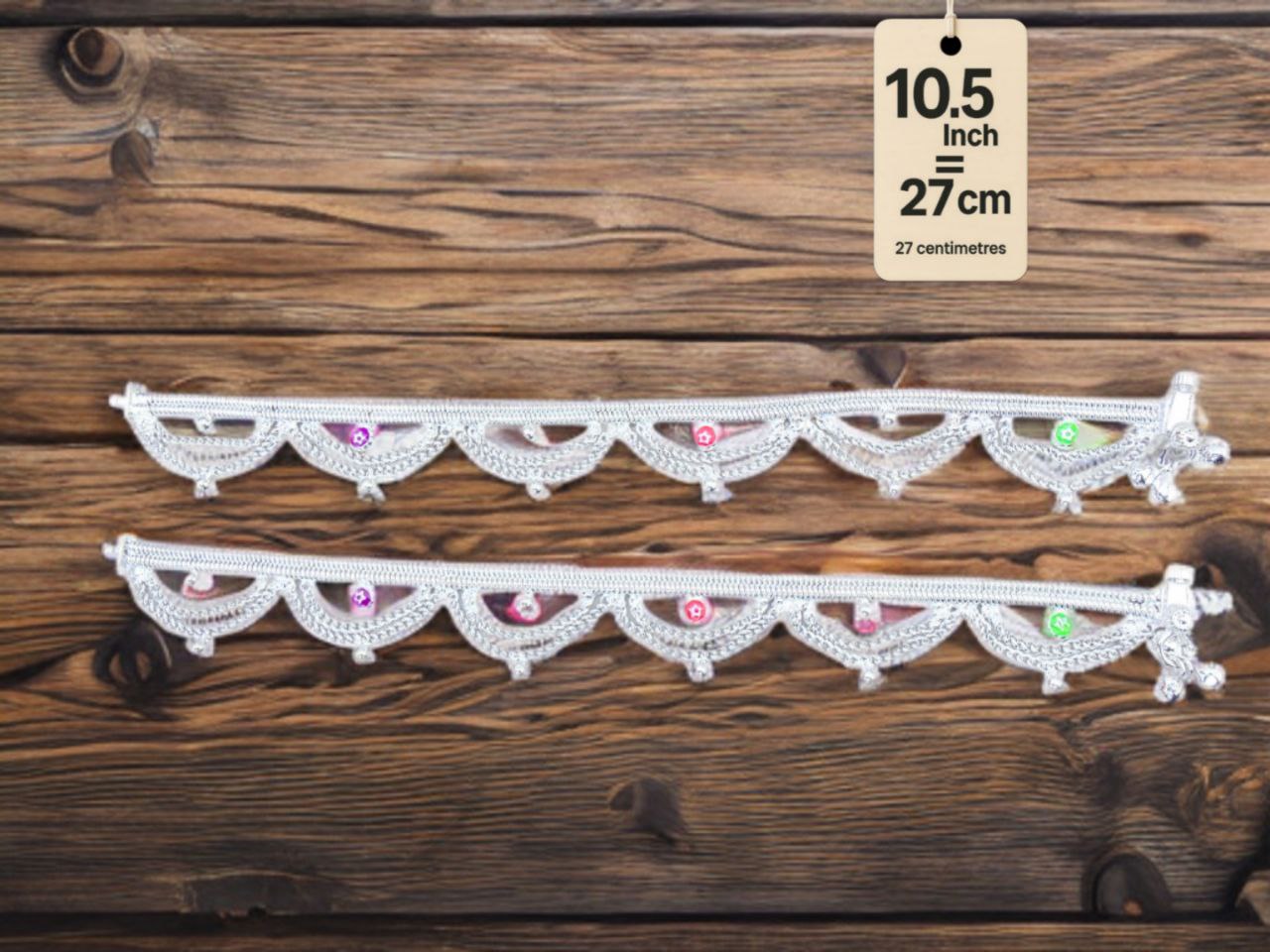 German Silver Anklet Layered chain pattern with hanging balls (ghungroo) and colored stone accents (red & purple)Silver plated  2-Piece Set-10.5Inc