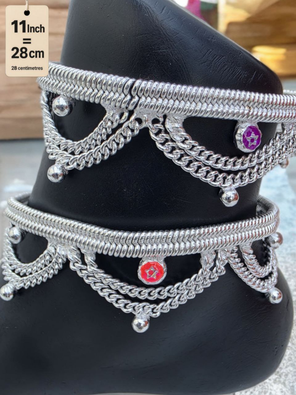 German Silver Anklet Layered chain pattern with hanging balls (ghungroo) and colored stone accents (red & purple)Silver plated  2-Piece Set-11 Inc