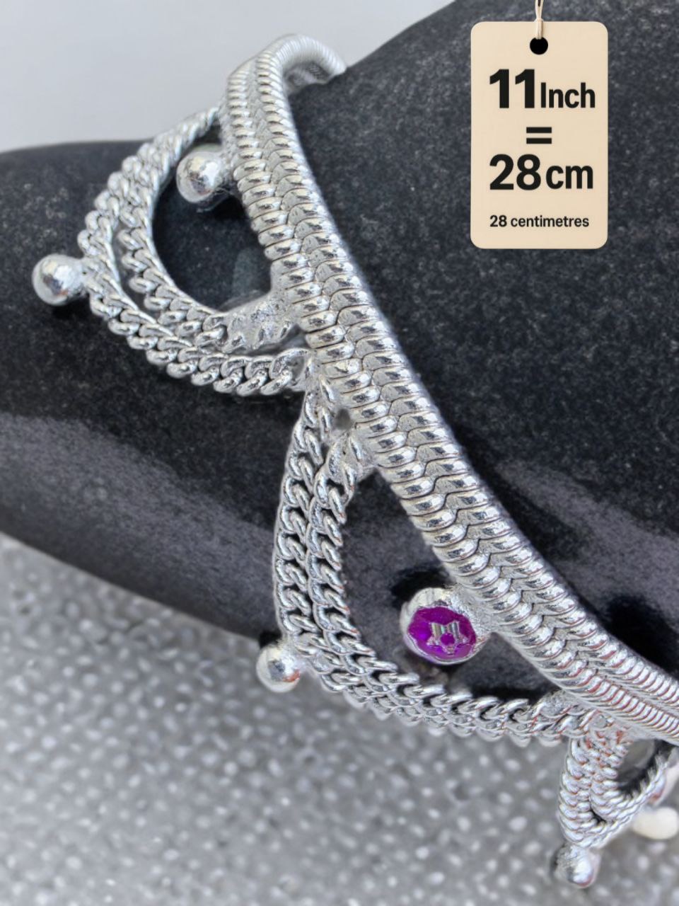 German Silver Anklet Layered chain pattern with hanging balls (ghungroo) and colored stone accents (red & purple)Silver plated  2-Piece Set-11 Inc