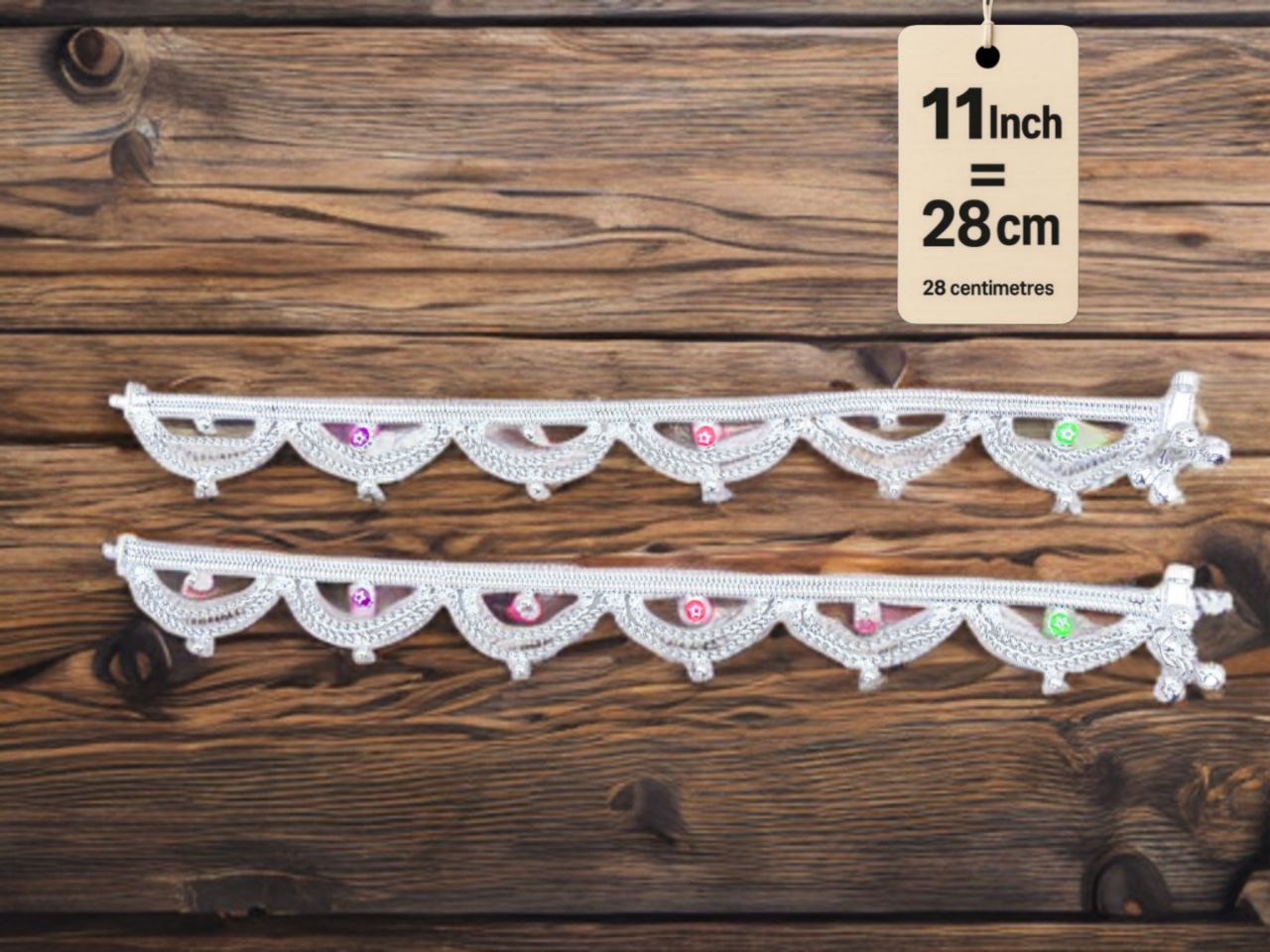 German Silver Anklet Layered chain pattern with hanging balls (ghungroo) and colored stone accents (red & purple)Silver plated  2-Piece Set-11 Inc