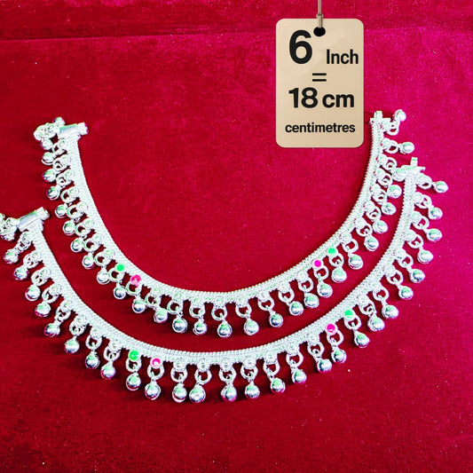 German Silver Baby Anklet/Payal with Bells &colored stone Heart Design Silver plated 2-Piece-6 Inch