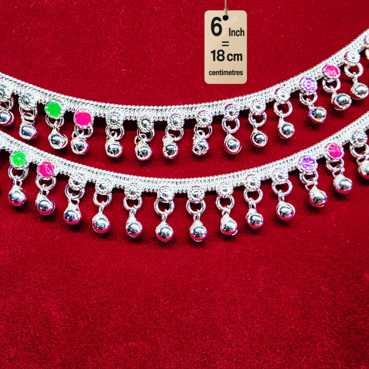 German Silver Baby Anklet/Payal with Bells &colored stone Heart Design Silver plated 2-Piece-6 Inch