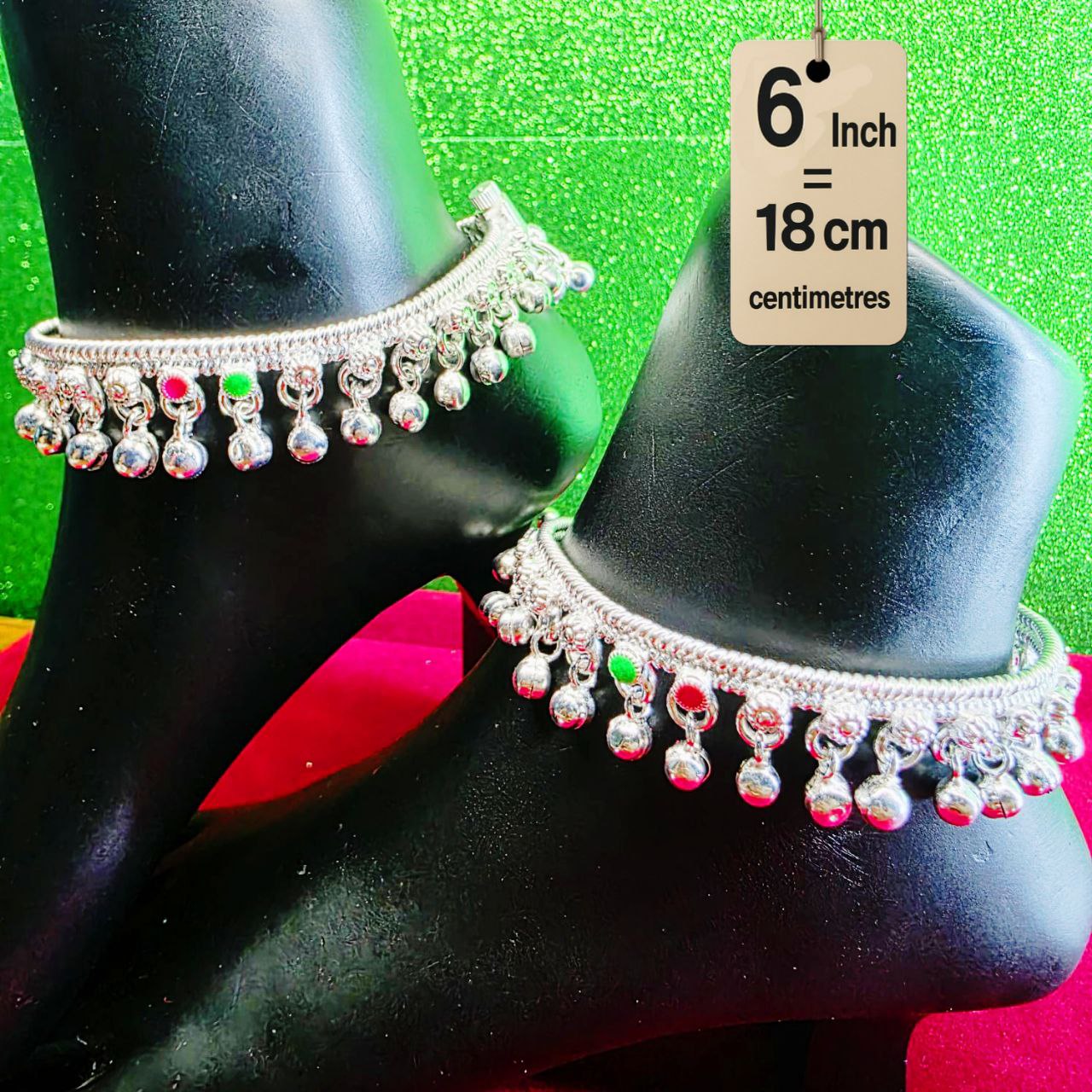 German Silver Baby Anklet/Payal with Bells &colored stone Heart Design Silver plated 2-Piece-6 Inch