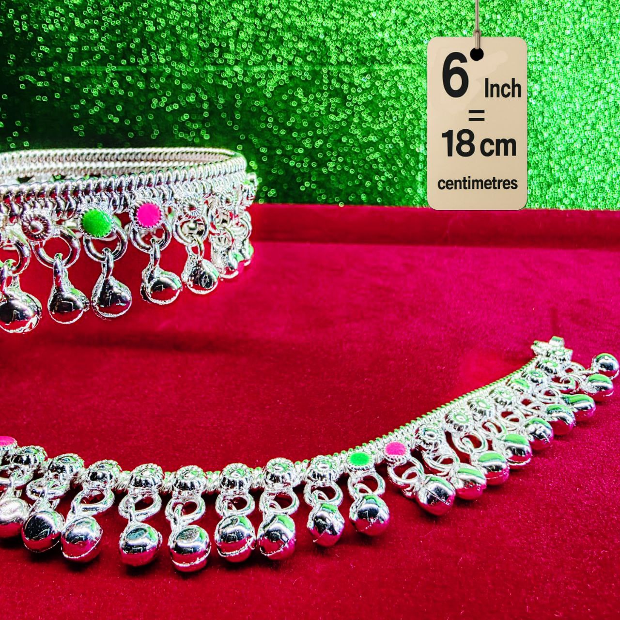 German Silver Baby Anklet/Payal with Bells &colored stone Heart Design Silver plated 2-Piece-6 Inch