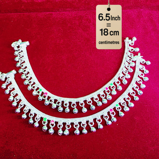 German Silver Baby Anklet/Payal with Bells &colored stone Heart Design Silver plated 2-Piece-6.5  Inch