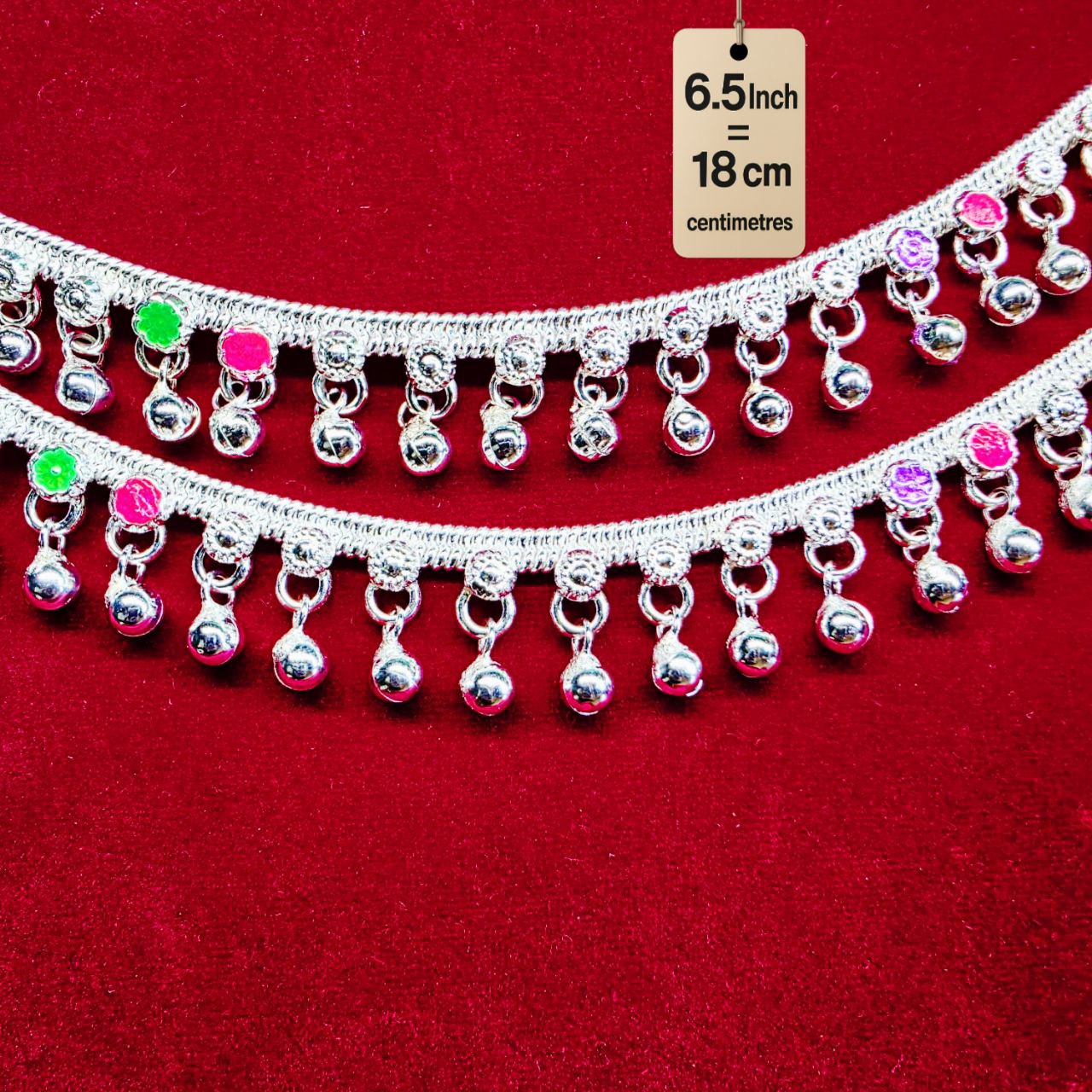 German Silver Baby Anklet/Payal with Bells &colored stone Heart Design Silver plated 2-Piece-6.5  Inch