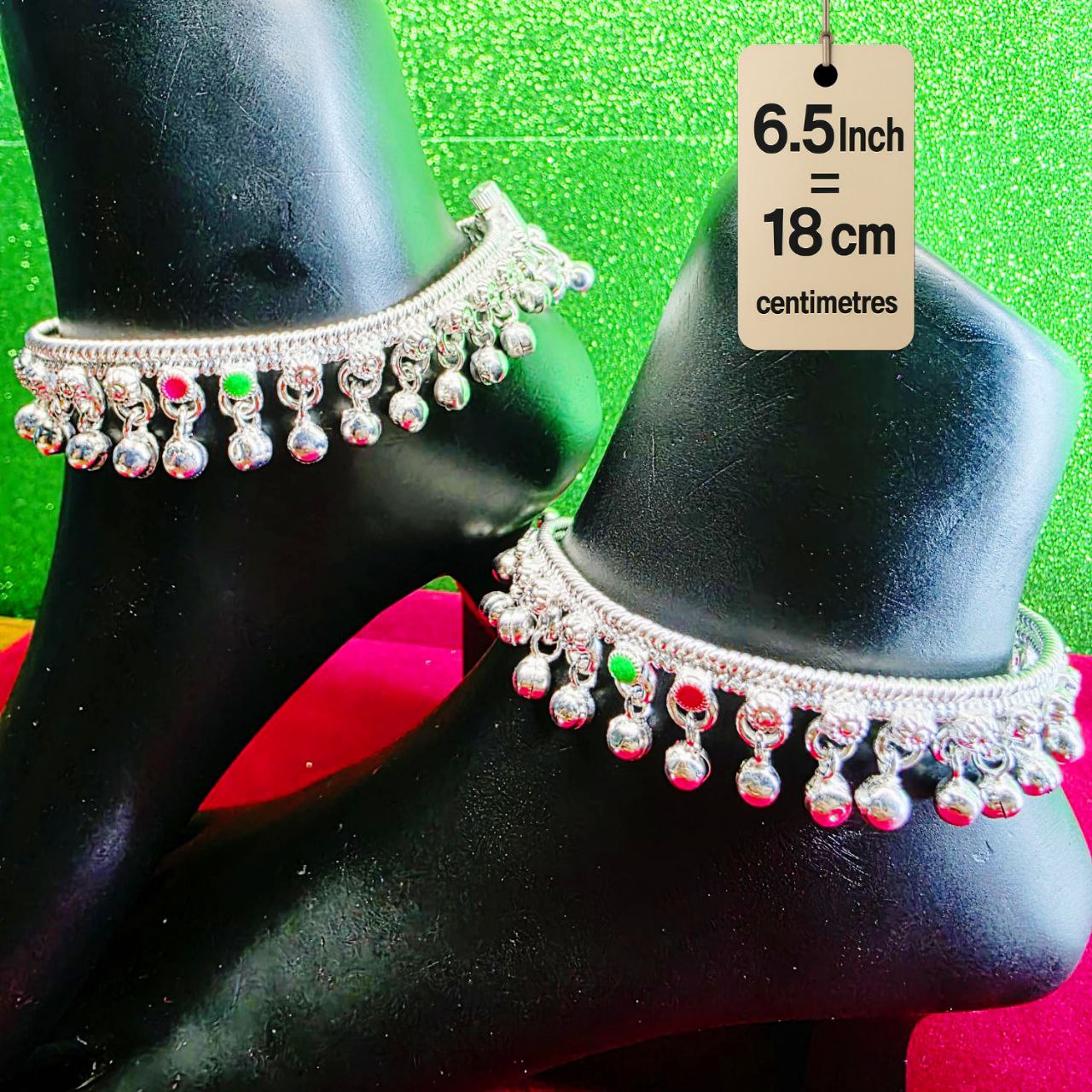 German Silver Baby Anklet/Payal with Bells &colored stone Heart Design Silver plated 2-Piece-6.5  Inch