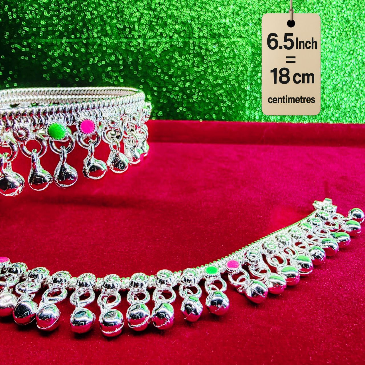 German Silver Baby Anklet/Payal with Bells &colored stone Heart Design Silver plated 2-Piece-6.5  Inch