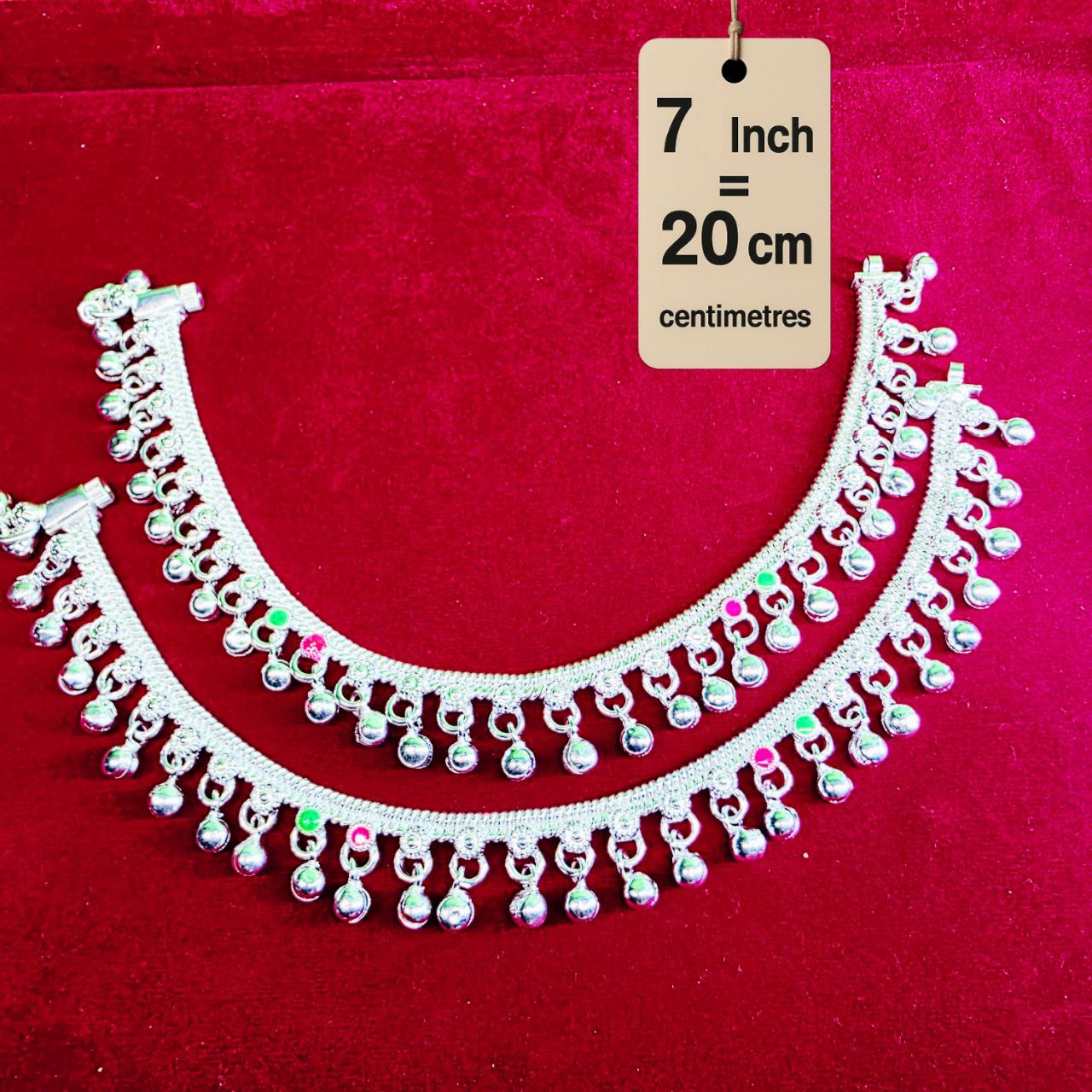 German Silver Baby Anklet/Payal with Bells &colored stone Heart Design Silver plated 2-Piece-7 Inch