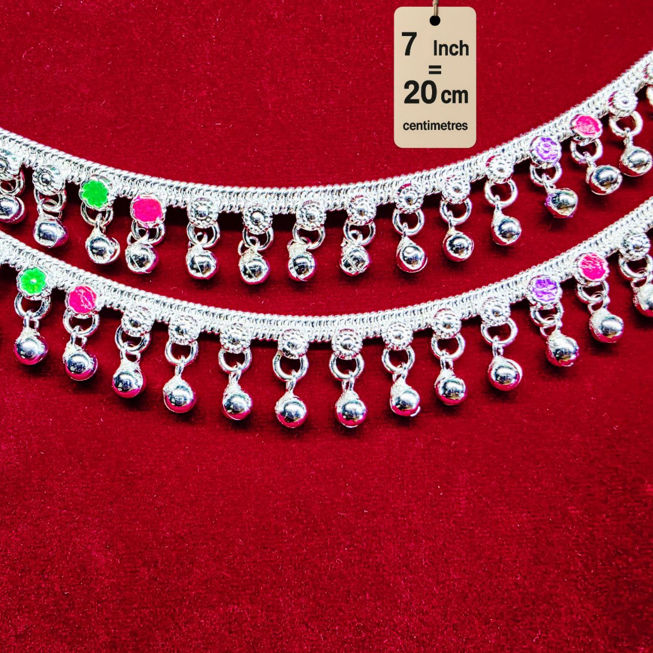 German Silver Baby Anklet/Payal with Bells &colored stone Heart Design Silver plated 2-Piece-7 Inch