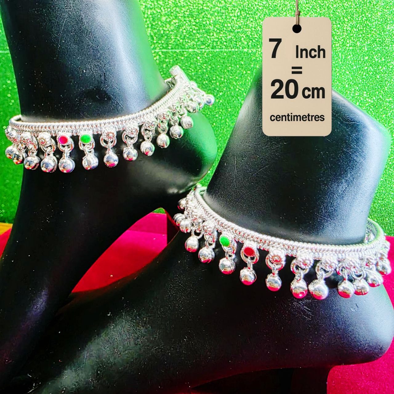 German Silver Baby Anklet/Payal with Bells &colored stone Heart Design Silver plated 2-Piece-7 Inch