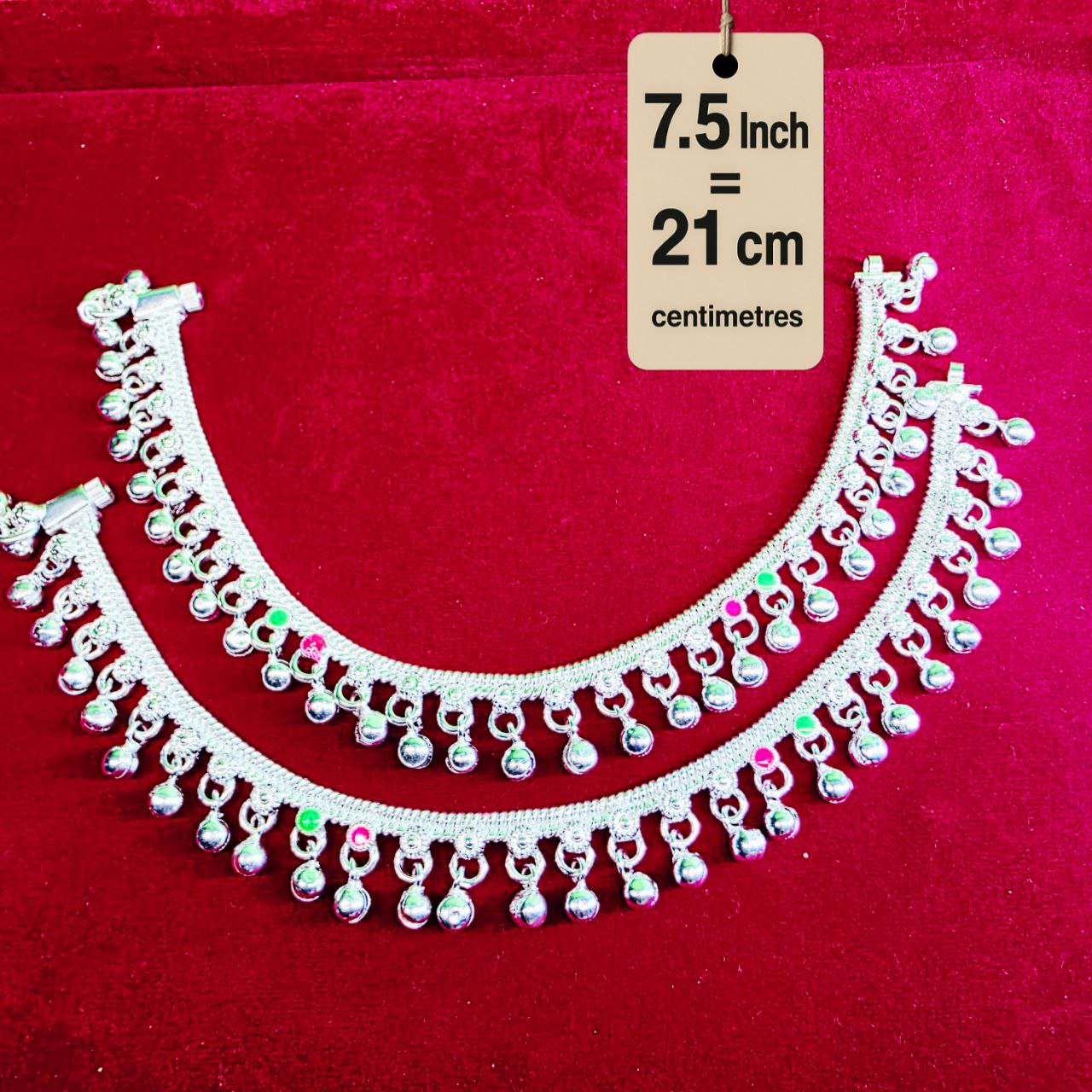 German Silver Baby Anklet/Payal with Bells &colored stone Heart Design Silver plated 2-Piece-7.5 Inch