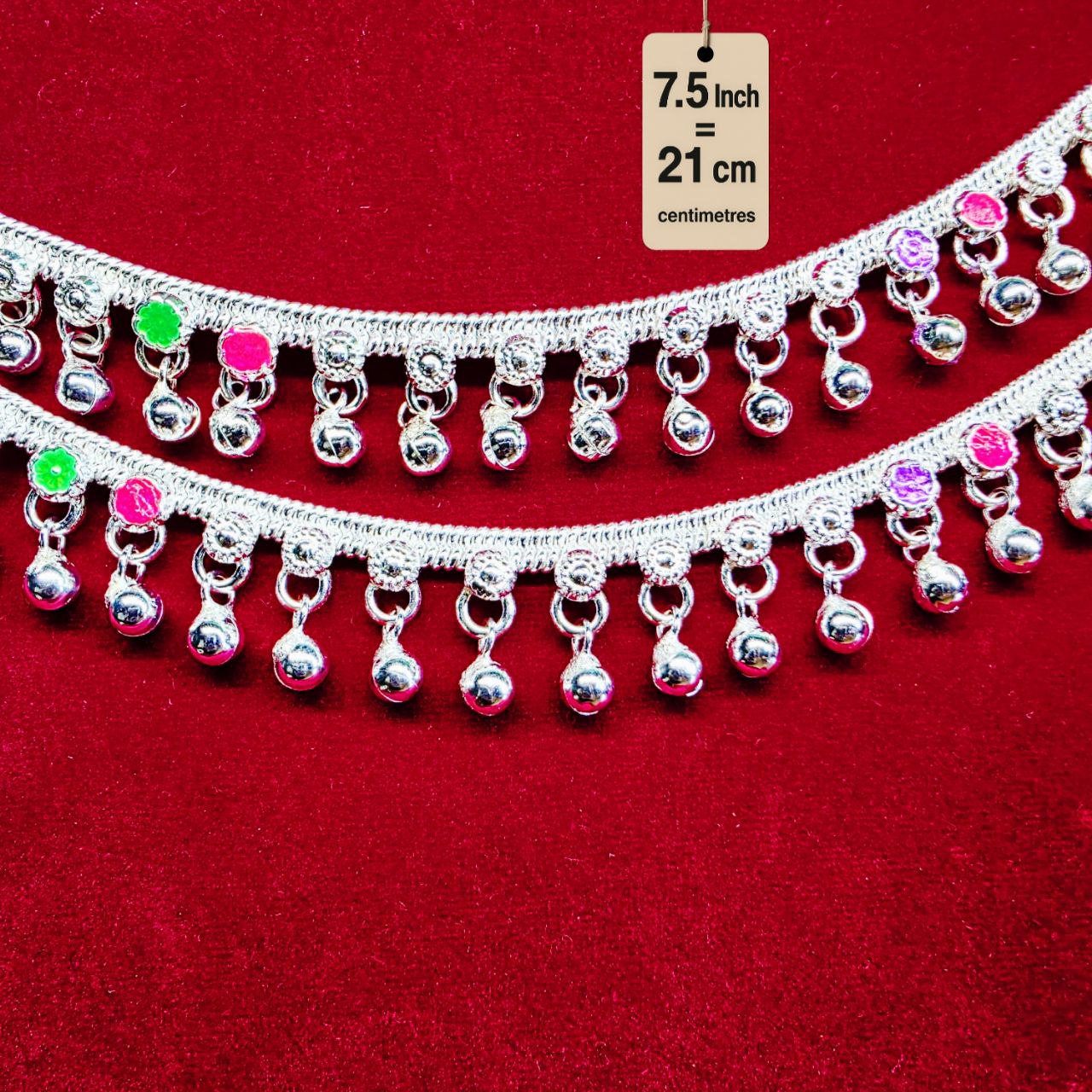 German Silver Baby Anklet/Payal with Bells &colored stone Heart Design Silver plated 2-Piece-7.5 Inch