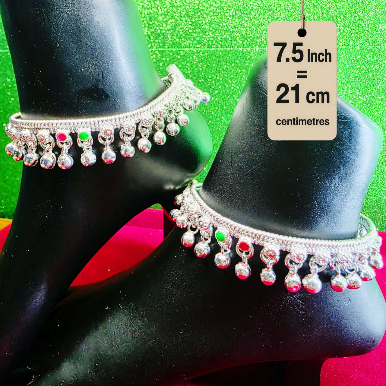 German Silver Baby Anklet/Payal with Bells &colored stone Heart Design Silver plated 2-Piece-7.5 Inch