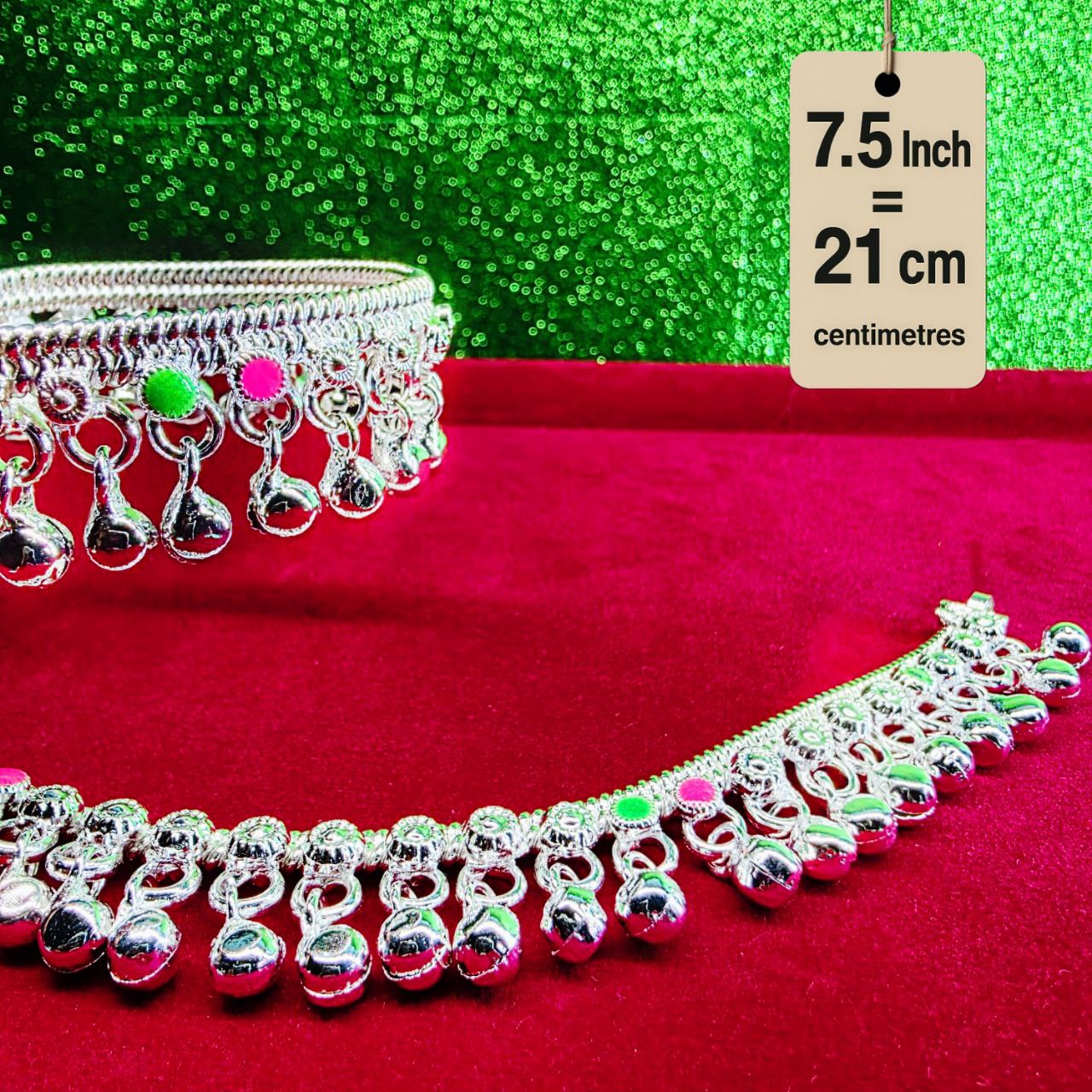 German Silver Baby Anklet/Payal with Bells &colored stone Heart Design Silver plated 2-Piece-7.5 Inch