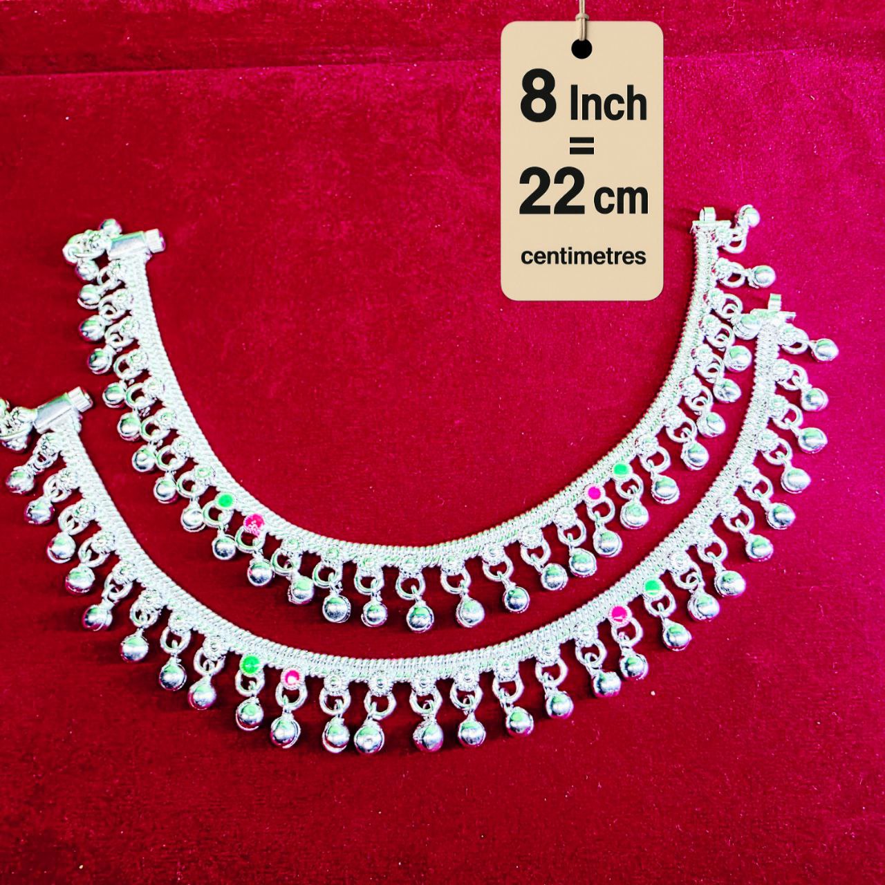 German Silver Baby Anklet/Payal with Bells &colored stone Heart Design Silver plated 2-Piece-8 Inch