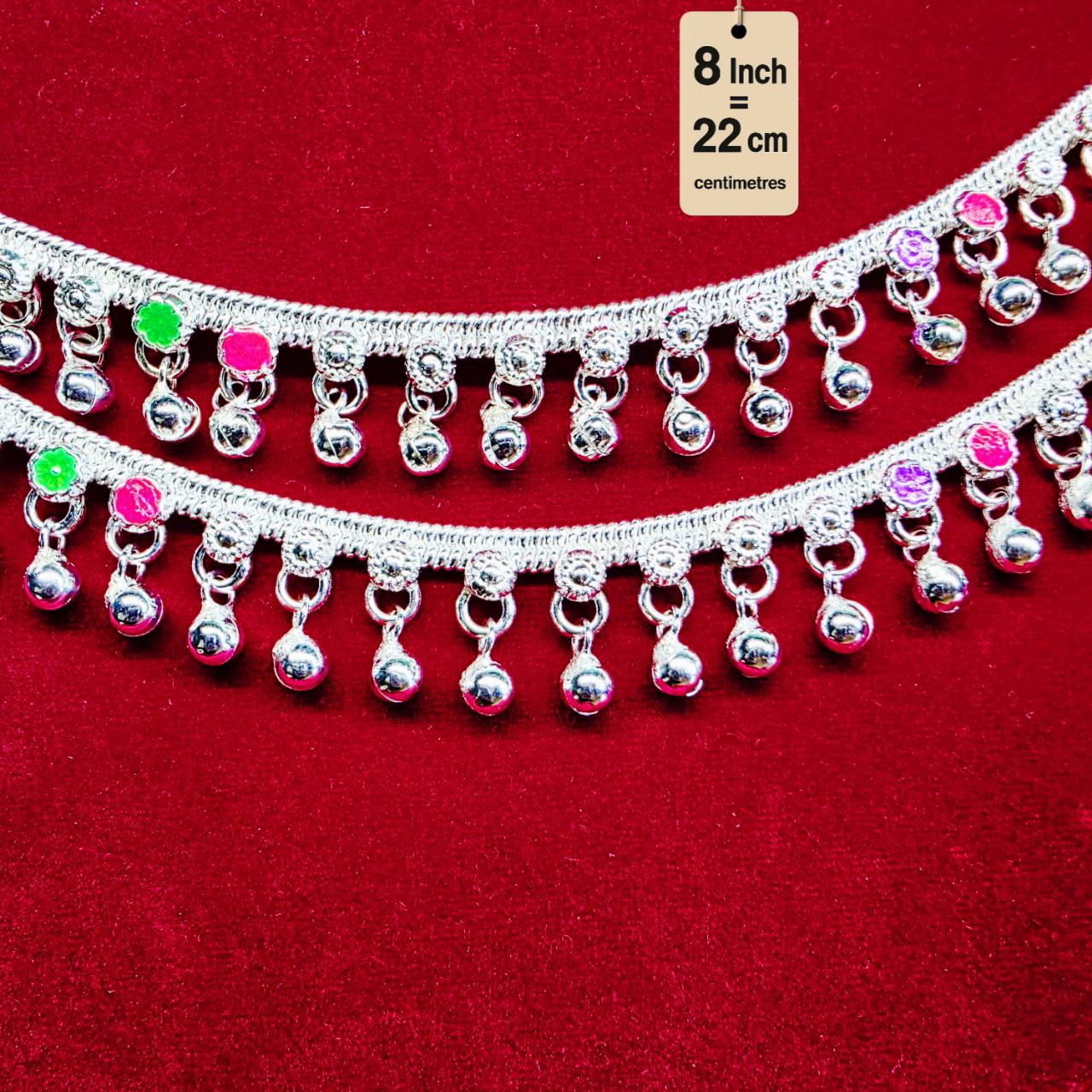 German Silver Baby Anklet/Payal with Bells &colored stone Heart Design Silver plated 2-Piece-8.5 Inch