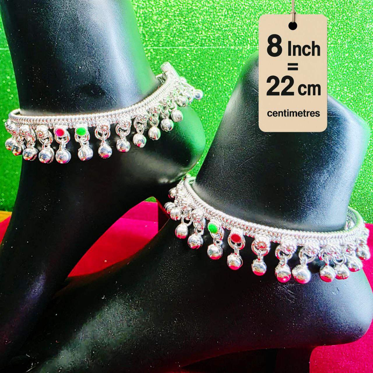German Silver Baby Anklet/Payal with Bells &colored stone Heart Design Silver plated 2-Piece-8.5 Inch