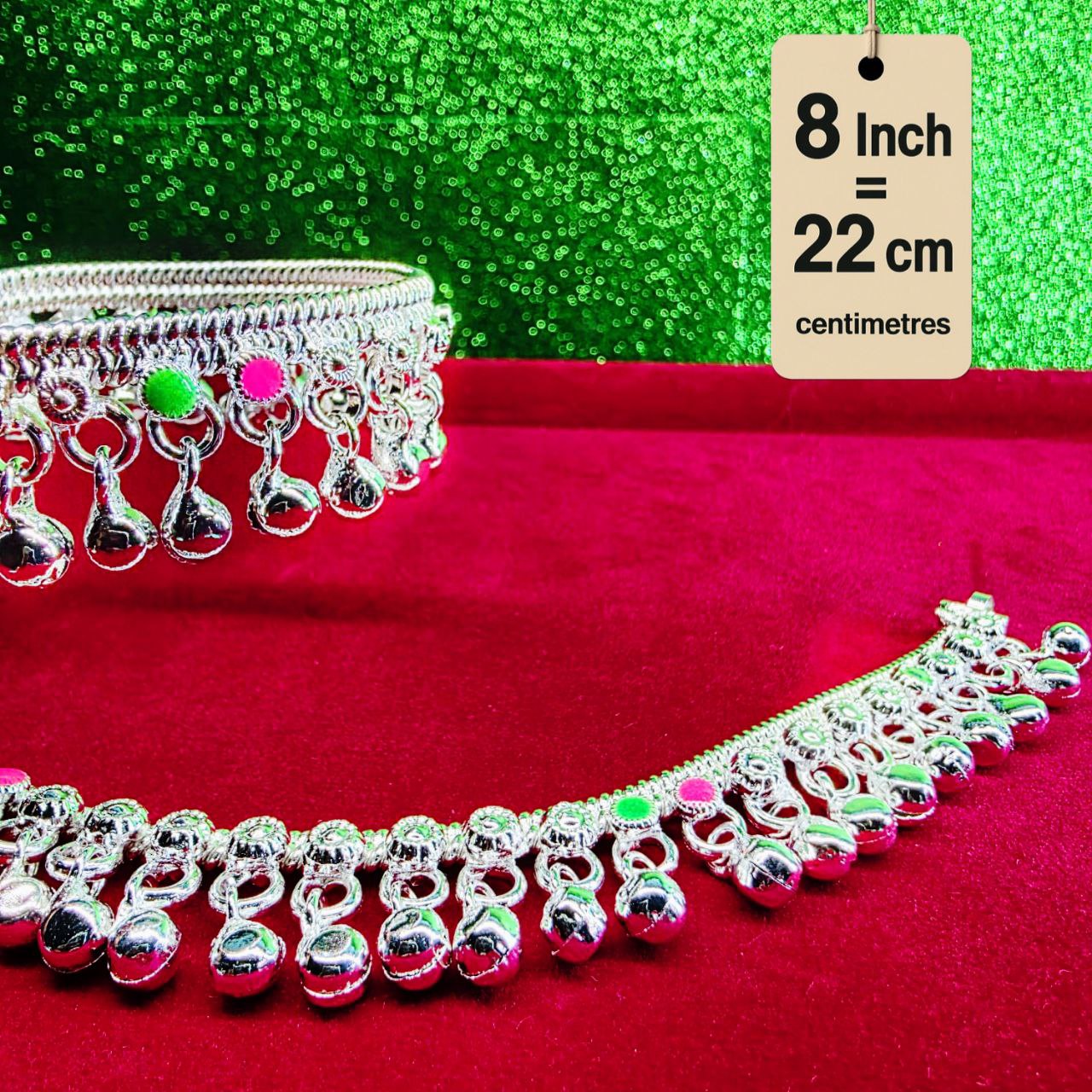 German Silver Baby Anklet/Payal with Bells &colored stone Heart Design Silver plated 2-Piece-8.5 Inch