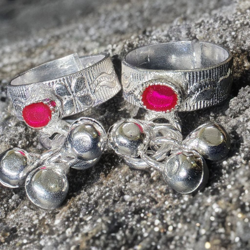 Traditional GERMANSILVERS Toe Rings with Pink Stone and Ghungroo Bells, Adjustable, Set of 2