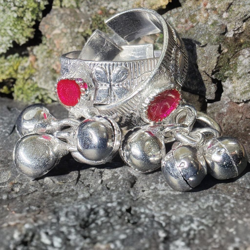 Traditional GERMANSILVERS Toe Rings with Pink Stone and Ghungroo Bells, Adjustable, Set of 2