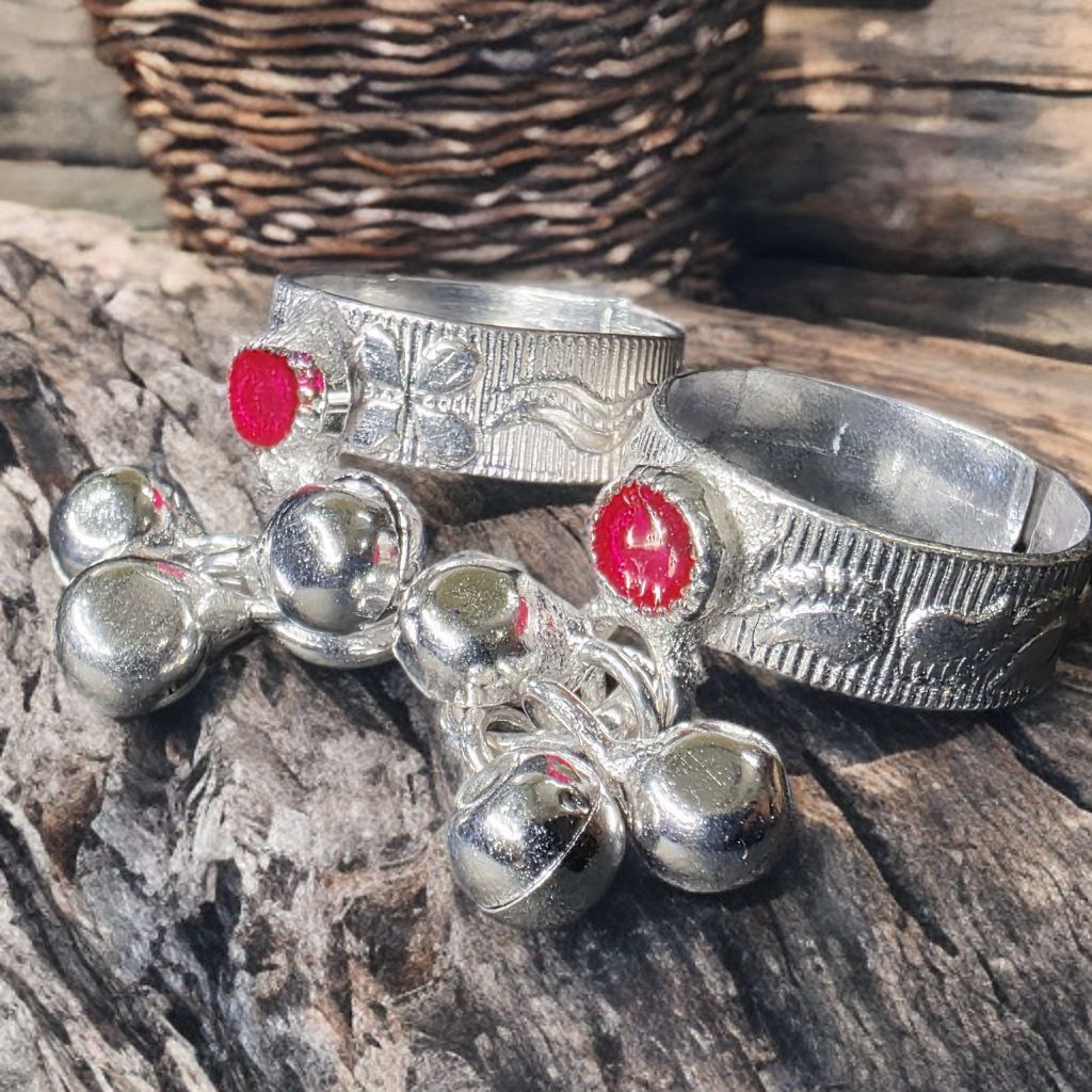 Traditional GERMANSILVERS Toe Rings with Pink Stone and Ghungroo Bells, Adjustable, Set of 2