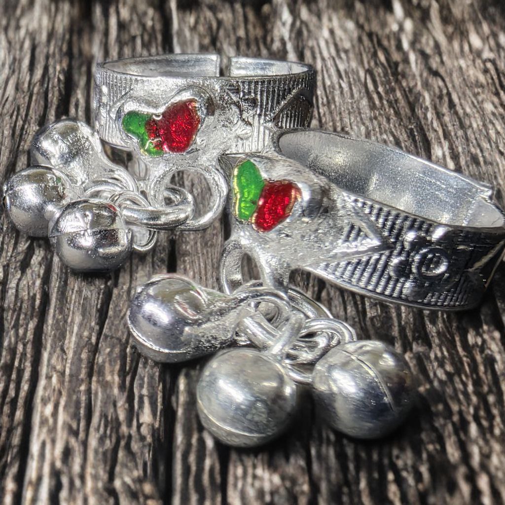 Traditional GERMANSILVERS Toe Rings with Turquoise butterfly Design and Bells, Adjustable Size, Set of 2