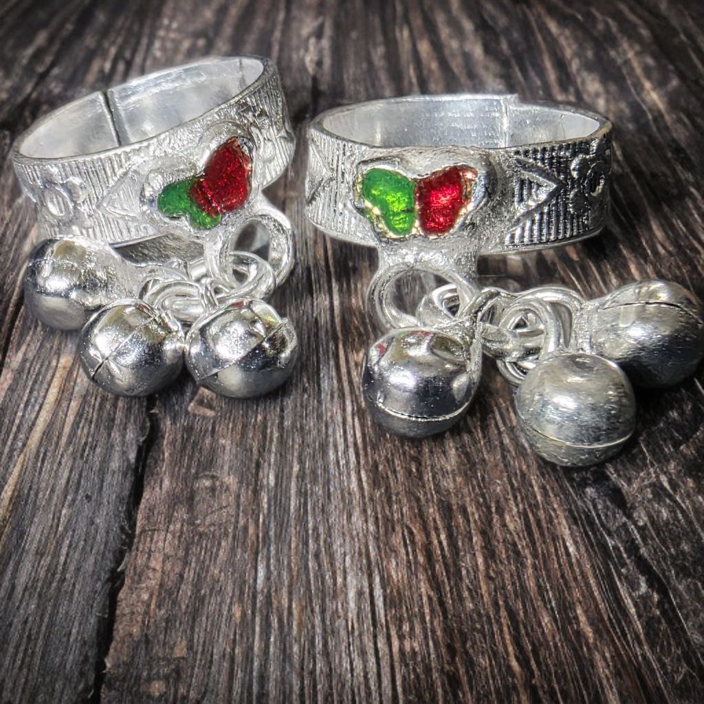 Traditional GERMANSILVERS Toe Rings with Turquoise butterfly Design and Bells, Adjustable Size, Set of 2