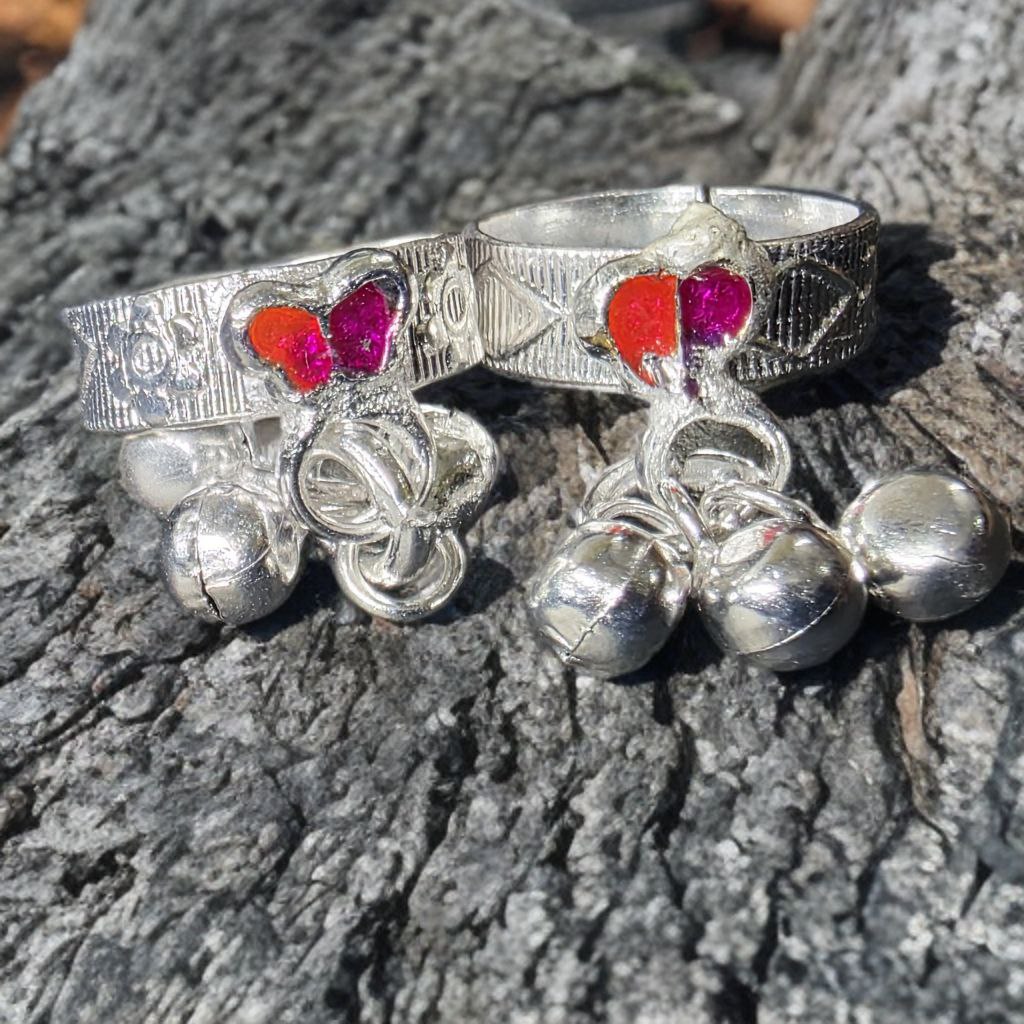 Traditional GERMANSILVERS Toe Rings with colorful butterfly and Bells, Adjustable Size, Set of 2