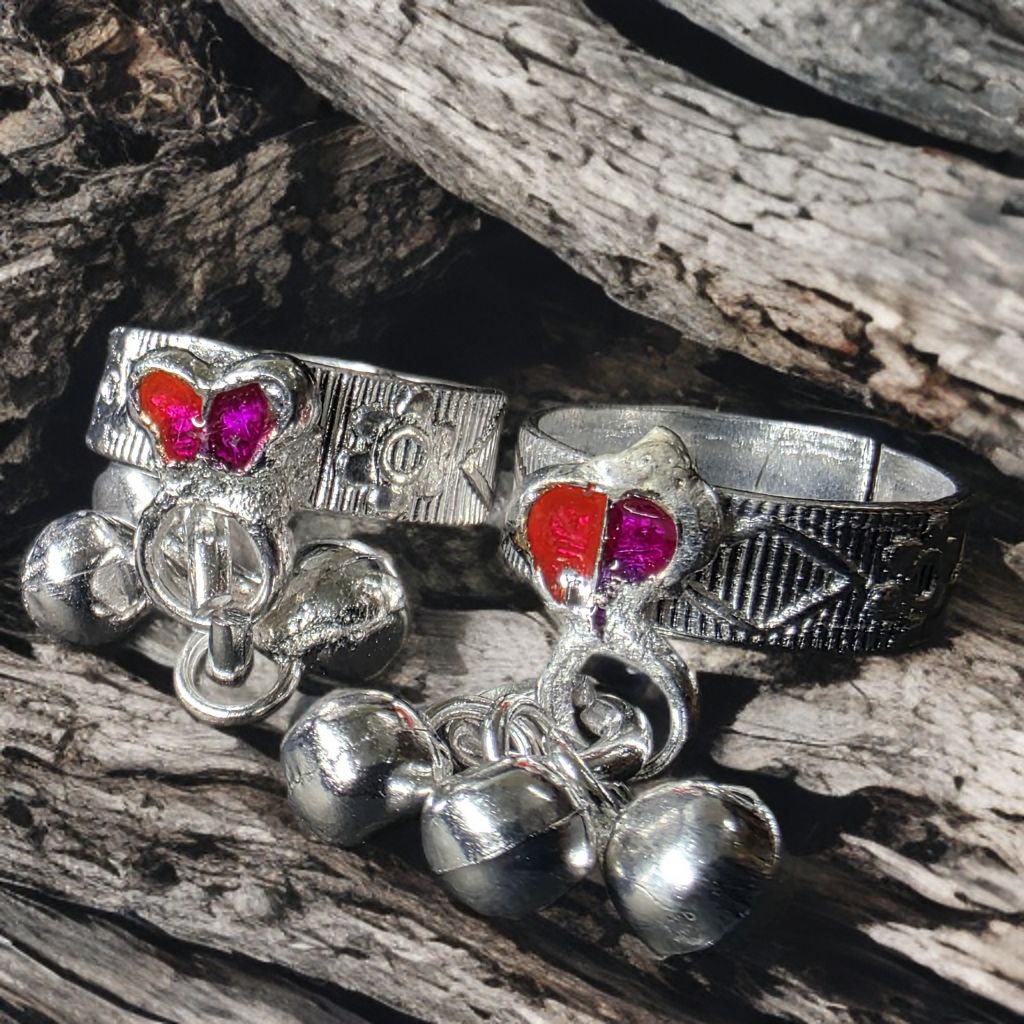 Traditional GERMANSILVERS Toe Rings with colorful butterfly and Bells, Adjustable Size, Set of 2