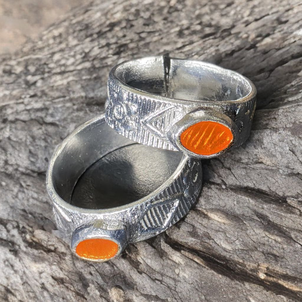 German Silver Toe Rings with orange oven and Bells, Traditional Indian Style, Adjustable Size, Silver, Set of 2